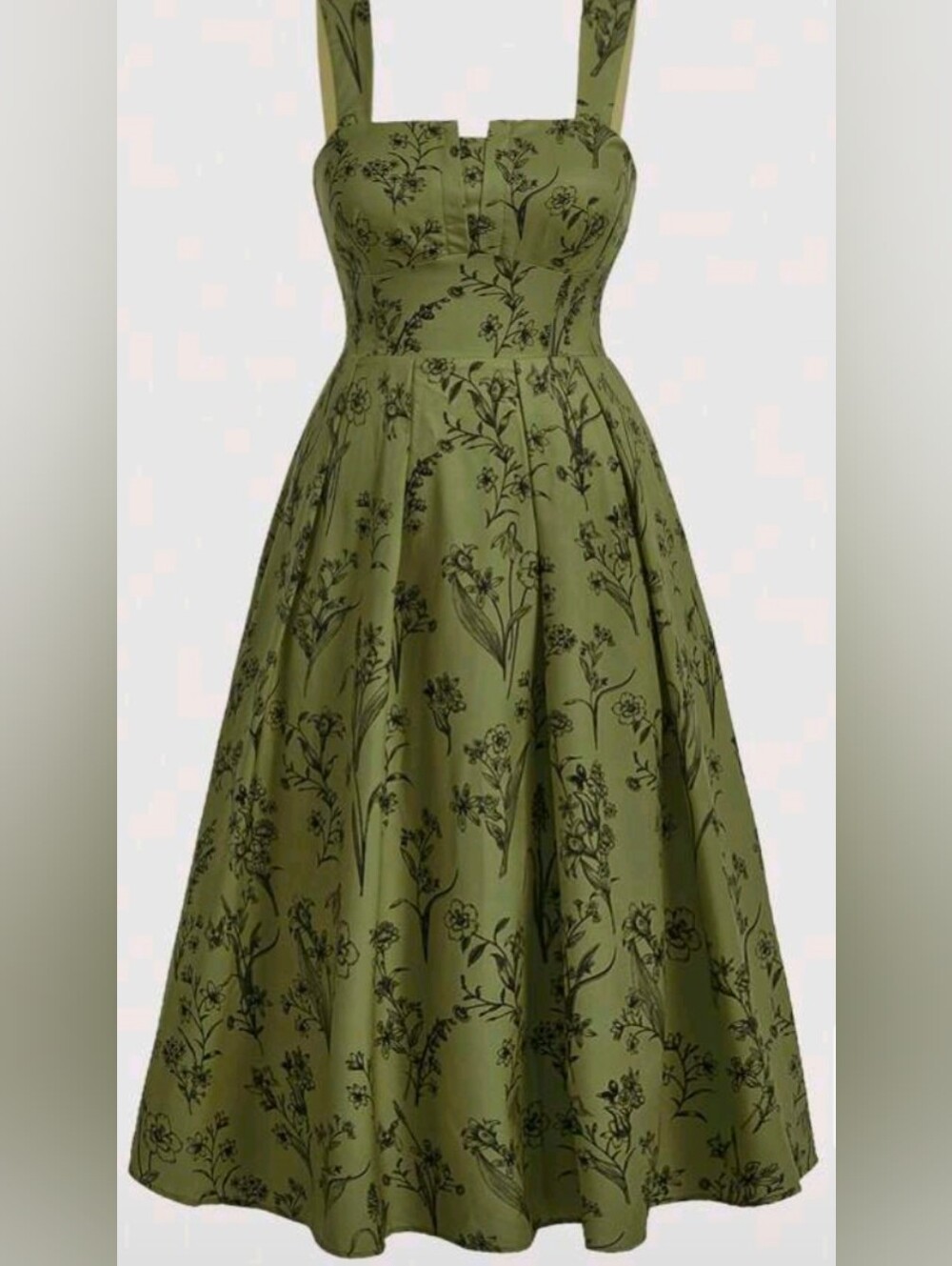 Olive Green Floral A-Line Midi Dress